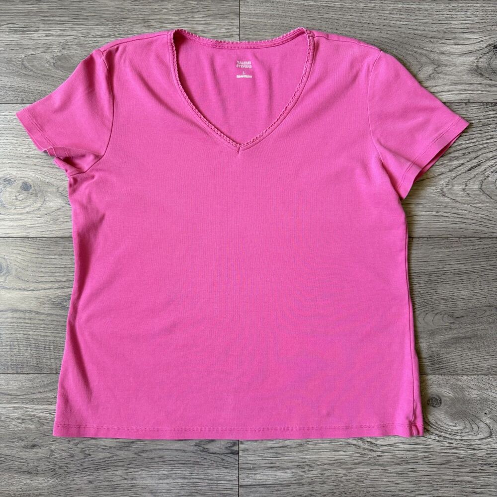 Vintage‎ Valerie Stevens V-Neck Casual Prima Cotton Pink Tee - Petite Large (PL)